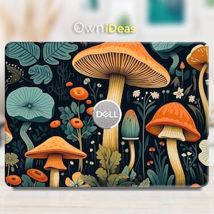 May include: A laptop skin featuring a whimsical mushroom design. The skin showcases orange, yellow, and teal mushrooms against a dark background with the text "Own iDeas" at the top. The Dell logo is visible.