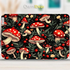 May include: A Lenovo laptop case featuring a vibrant pattern of red mushrooms with white spots, interspersed with green leaves and red berries, set against a black background. The case has the text "Own iDeas" and "Lenovo" on it.
