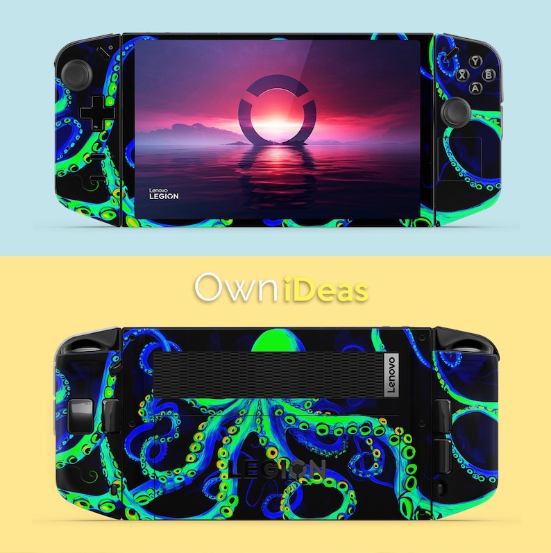 May include: A black Lenovo Legion handheld gaming device with a vibrant octopus tentacle design in blue and green. The screen displays a sunset scene. The back of the device also features the octopus design and the Lenovo Legion logo.