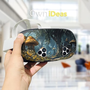 Puede incluir: Gafas de realidad virtual con una funda personalizada que presenta una escena de bosque de fantasía con grandes setas. La funda tiene una ilustración detallada con una variedad de colores. El texto "OwniDeas" es visible en la parte superior.