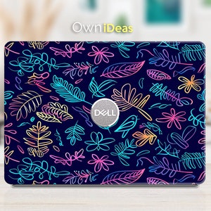 Könnte beinhalten: Eine Laptop-Haut mit dunkelblauem Hintergrund und einem farbenfrohen Muster aus Blättern und Blumen. Das Muster besteht aus dünnen Linien in den Farben Pink, Blau, Gelb und Orange. Das Dell-Logo ist in der Mitte der Haut sichtbar.