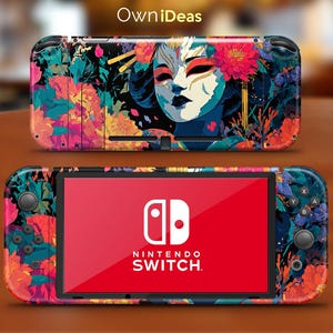 May include: A Nintendo Switch console with a custom skin featuring a floral and geisha-inspired design. The skin has a vibrant color palette of pink, blue, and orange. The screen displays the Nintendo Switch logo in white on a red background. The text "OwniDeas" is in the top left corner.