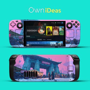 Pode incluir: Console de jogos portátil rosa e azul com um design personalizado com uma paisagem urbana futurista. O ecrã exibe uma interface de jogo. O texto "OwniIdeas" está no topo.