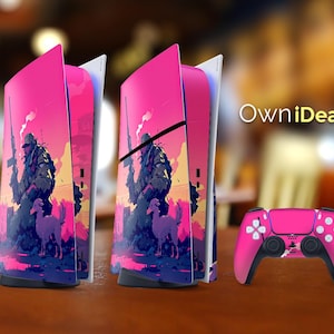 Könnte beinhalten: Eine pinkfarbene PlayStation 5-Konsole mit passendem Controller. Die Konsole zeigt eine Grafik eines Soldaten mit einer Waffe und zwei Tieren vor einem rosa-violetten Sonnenuntergang. Der Text "OwniIdeas" ist sichtbar.
