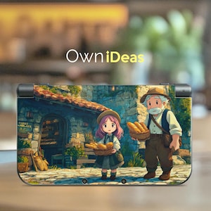 Op de afbeelding: Een Nintendo Switch-hoesje met een illustratie van een bakkerijscène. Een jong meisje en een oudere man houden manden met brood vast. De hoes heeft de tekst "OwniIdeas" in het wit.