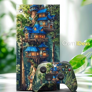 Puede incluir: Una piel para consola Xbox Series X de color verde y azul con un diseño de casa en el árbol de fantasía. La piel presenta una ilustración detallada de una casa en el árbol con múltiples niveles y ventanas, rodeada de exuberante vegetación verde. La piel también incluye una piel de mando Xbox a juego con el mismo diseño.