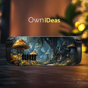May include: A black gaming console skin featuring a fantasy forest scene with mushrooms, trees, and a small cottage. The skin has a detailed design with vibrant colours and a whimsical feel.