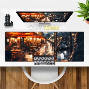 Braune Herbstblätter Schreibtischunterlage Bürozubehör Street Cafe Design Benutzerdefinierte Mauspad Großes RGB-Licht Personalisierte Maus Gaming-Mausunterlage