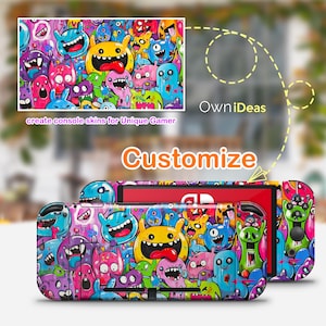 May include: A colorful Nintendo Switch console skin featuring a cartoon design of various colorful creatures with a pink, blue, and green background. The skin is designed to fit the Nintendo Switch console and includes a separate skin for the Joy-Con controllers. The skin is made of high-quality vinyl and is easy to apply and remove.