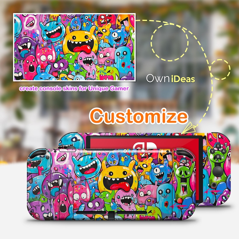 May include: A colorful Nintendo Switch console skin featuring a cartoon design of various colorful creatures with a pink, blue, and green background. The skin is designed to fit the Nintendo Switch console and includes a separate skin for the Joy-Con controllers. The skin is made of high-quality vinyl and is easy to apply and remove.