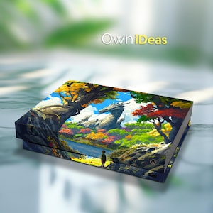May include: A colorful pixel art design featuring a white dragon in a forest setting. The design is printed on a black Xbox console. The design includes trees, a lake, and a small figure standing in the foreground.
