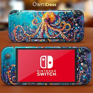 May include: A colorful Nintendo Switch skin featuring an octopus with a blue, green, and purple background. The octopus is made up of colorful dots and swirls. The skin is designed to fit the Nintendo Switch console and controllers.