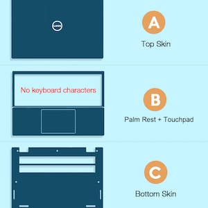 May include: A diagram of laptop skin components in teal. The top skin has a logo, the palm rest and touchpad are separate, and the bottom skin is a rectangular shape. Text indicates the parts: Top Skin, Palm Rest + Touchpad, and Bottom Skin.