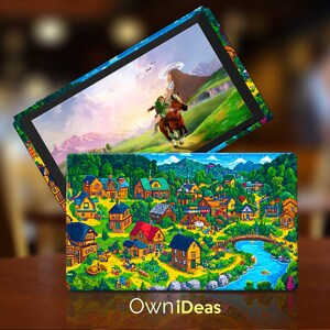 Puede incluir: Una piel colorida para Nintendo Switch que presenta una escena de pueblo caprichosa con casas, árboles y un río. La piel está diseñada para adaptarse a la consola Nintendo Switch y a los Joy-Cons.