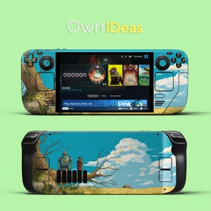 May include: A teal handheld gaming console with a custom skin featuring a landscape design with a robot and a person. The screen displays a game menu. The text "OwniIdeas" is at the top.