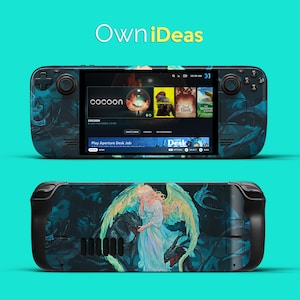 Könnte beinhalten: Eine schwarze Handheld-Spielkonsole mit einem abstrakten Design in Blau und Grün. Der Bildschirm zeigt ein Spiel namens "Cocoon" und ein Menü mit anderen Spielen wie "Great Thieves" und "The Wandering Village".