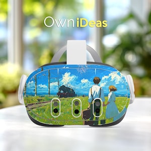 May include: VR headset with a custom design featuring an anime-style illustration of a couple, a train, and a blue sky. The headset has a white strap and side components, with the text "OwniDeas" in white.