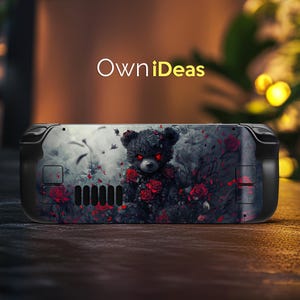 May include: A black Nintendo Switch case featuring a dark grey and black teddy bear with red roses and a dark grey and black background.