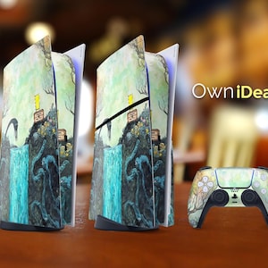 以下が含まれることがあります： 自然をテーマにしたデザインのゲーム機とコントローラーのセット。コンソールには滝と山のシーンがあり、コントローラーには木と葉の模様があります。「OwniDeas」の文字が右側に表示されています。