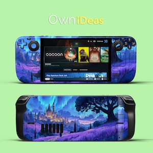 Puede incluir: Consola de juegos portátil con una piel personalizada que presenta un paisaje de fantasía en tonos morados y azules. La pantalla muestra una interfaz de juego. El texto "OwniDeas" está en la parte superior.