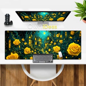 May include: A colorful mousepad with a fantasy scene of a village with houses and yellow roses. The background is a dark blue sky with stars and a full moon. The text "OwnIdeas" is printed on the mousepad.