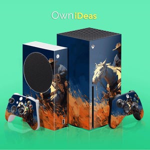 May include: Xbox Series X and S consoles and two controllers with a Western-themed design. The consoles and controllers feature a blue, orange, and white color scheme with a cowboy and horse illustration. The text "OwniIdeas" is at the top.