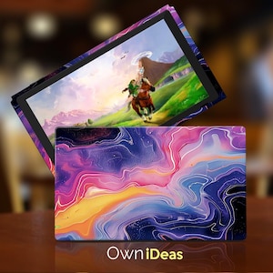 May include: A colorful abstract design Nintendo Switch skin with swirling pink, purple, blue, and yellow hues. The skin is shown on a Nintendo Switch console with a screen displaying a video game.