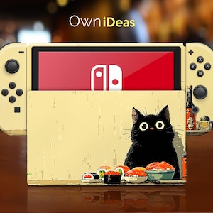 Switch Oled Skins with Console Case Sushi Black Cat Custom Anime Photos Gift for Kids for Switch Lite Switch 2 Switch Oled Switch Full Set