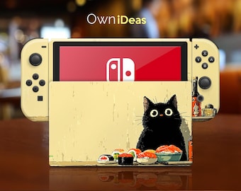 Switch Oled Skins with Console Case Sushi Black Cat Custom Anime Photos Gift for Kids for Switch Lite Switch 2 Switch Oled Switch Full Set