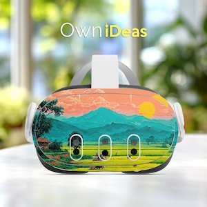 以下が含まれることがあります： 山、黄色い太陽、緑の畑を特徴とする風景デザインのVRヘッドセット。「OwniDeas」の文字が上部に表示されています。ヘッドセットには白いイヤホンと白いヘッドストラップが付いています。