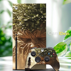 May include: An Xbox Series X console and controller skin featuring a nature-themed design. The console skin displays a detailed illustration of a tree with a girl standing in front of it. The controller has a matching design with the text "OwniIdeas".