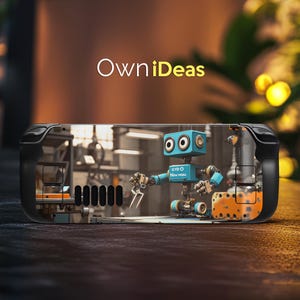 May include: A blue and black gaming controller featuring a robot design. The robot is blue with yellow accents and has the text "GYRO NOVA VERA" on its chest. The controller has a textured surface and a black grip.