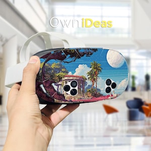 May include: A VR headset with a custom skin featuring a pixelated landscape with a gazebo, palm trees, and a large moon. The headset is held in a person's hand. The text "OwniDeas" is visible.