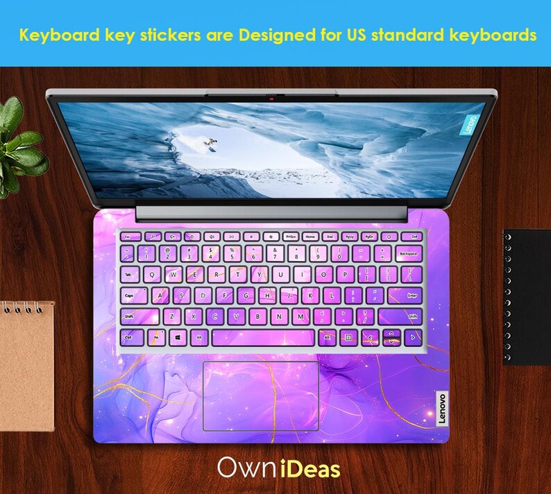 May include: Purple and gold keyboard stickers with a marble design. The stickers are designed for US standard keyboards. The text "Own iDeas" and "Lenovo" are visible on the stickers.