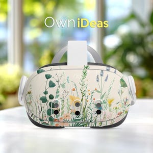 May include: A VR headset with a floral design featuring green, yellow, and blue flowers and foliage on a cream background. The text "OwniDeas" is displayed above the headset.