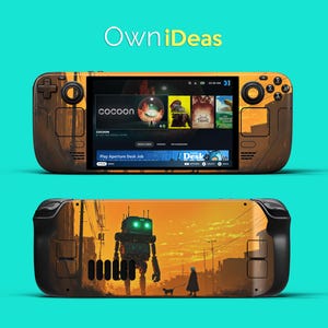 May include: A handheld gaming console with a custom design featuring a sunset-themed illustration of a robot and a person walking a dog. The console's screen displays a game interface. The text "OwniIdeas" is at the top.