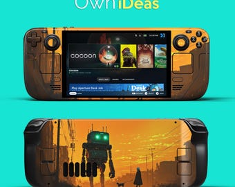Steam Deck gaming console skin/sticker accessory – featuring a post-apocalyptic robot design; customizable with your favorite gaming theme.