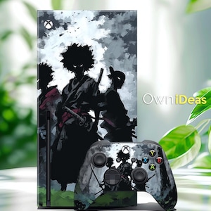 May include: Xbox Series X console and controller skin featuring a black and white anime-style illustration of samurai warriors. The design includes a cloudy sky background and the text "OwniIdeas".
