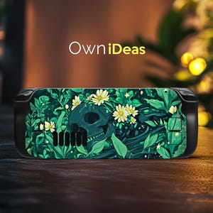Puede incluir: Una funda de teléfono negra y verde con un diseño de calavera y flores. La calavera está rodeada de hojas verdes y flores blancas. La funda tiene una superficie texturizada y un borde elevado alrededor de la pantalla.