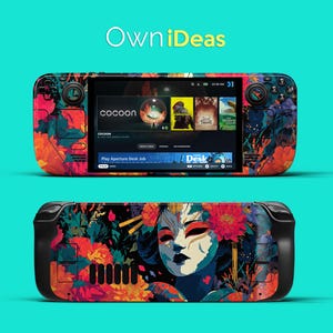 May include: A handheld gaming console with a floral and geisha-themed design. The console features a black body with colorful artwork of flowers and a geisha mask. The screen displays a gaming interface. The text "OwniDeas" is at the top.