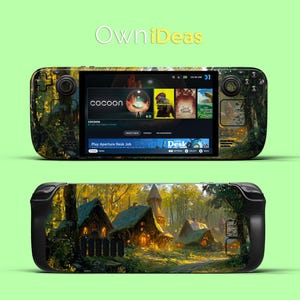 May include: A black handheld gaming device with a colourful forest scene on the back. The screen shows a game called "Play Aperture Desk Job" and a menu with other games like "Cocoon", "Good Time Friends", and "The Wandering Village".