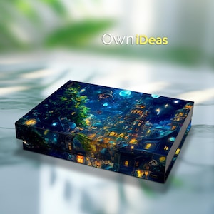 May include: A small, rectangular box with a colorful, fantasy-themed design. The box features a cityscape with buildings, trees, and a starry night sky. The text "OwnIdeas" is printed in yellow on the top of the box.