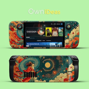 May include: A handheld gaming console with a custom skin featuring a Japanese-inspired design. The skin showcases a vibrant mix of orange, red, and teal hues with floral and cloud motifs. The screen displays a game interface. The text "OwniIdeas" is at the top.