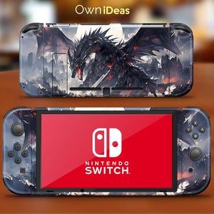 May include: A Nintendo Switch console with a custom skin featuring a detailed dragon illustration in shades of black, gray, and red. The skin covers the console and Joy-Con controllers, with the Nintendo Switch logo visible on the screen. The text "OwniDeas" is in the top left corner.
