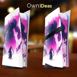 Puede incluir: Dos cubiertas blancas para consola de juegos con un diseño artístico de fantasía en morado y negro. Las cubiertas presentan una figura grande con una guadaña y el texto "Own iDeas". El diseño está sobre un fondo blanco.