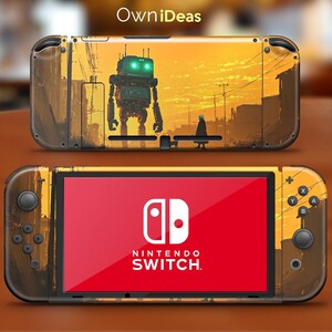 May include: A Nintendo Switch console with a custom skin featuring a robot and a person in a cityscape at sunset. The screen displays the Nintendo Switch logo on a red background. The text "OwniDeas" is in the top left corner.