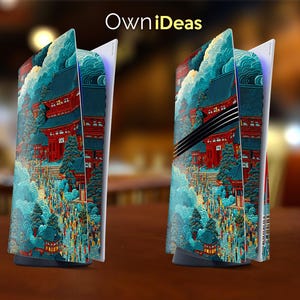 May include: Two white and black game console covers with a Japanese-style design. The covers feature a red temple, green trees, and a crowd of people. The text "Own iDeas" is in the upper left corner.