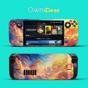 May include: A handheld games console with a custom skin. The skin displays a dragon in a cloudy sky, with orange, yellow, and blue hues. The console has black buttons and accents, with the text "OwniIdeas" at the top.