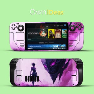 May include: A pink and purple Steam Deck handheld gaming console with a custom skin. The skin features a watercolor design on the front and a fantasy art illustration on the back. The screen displays a game menu. The text "OwniDeas" is at the top.
