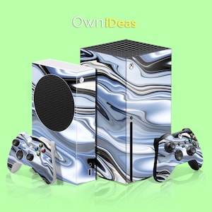 May include: A blue and white abstract swirl design Xbox Series X console skin with matching controller skins. The design features a swirling pattern of blue and white, with a hint of black. The skin is made of high-quality vinyl and is easy to apply and remove. OwnIdeas.
